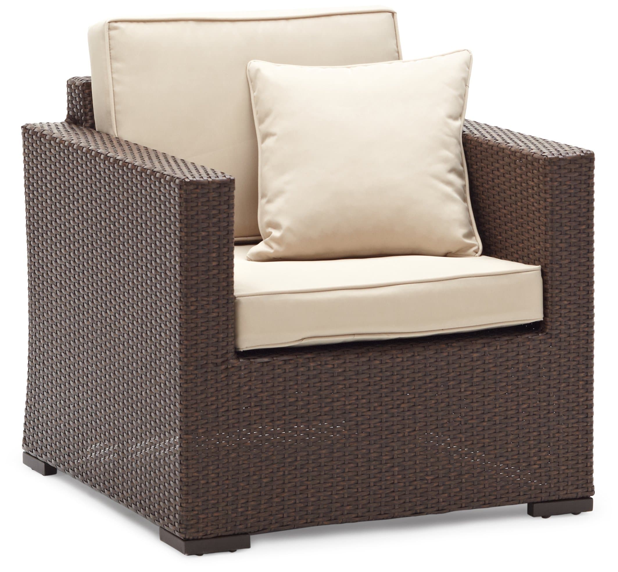 Strathwood Griffen All-Weather Wicker Chair, Dark Brown — cushioned chair at an angle.