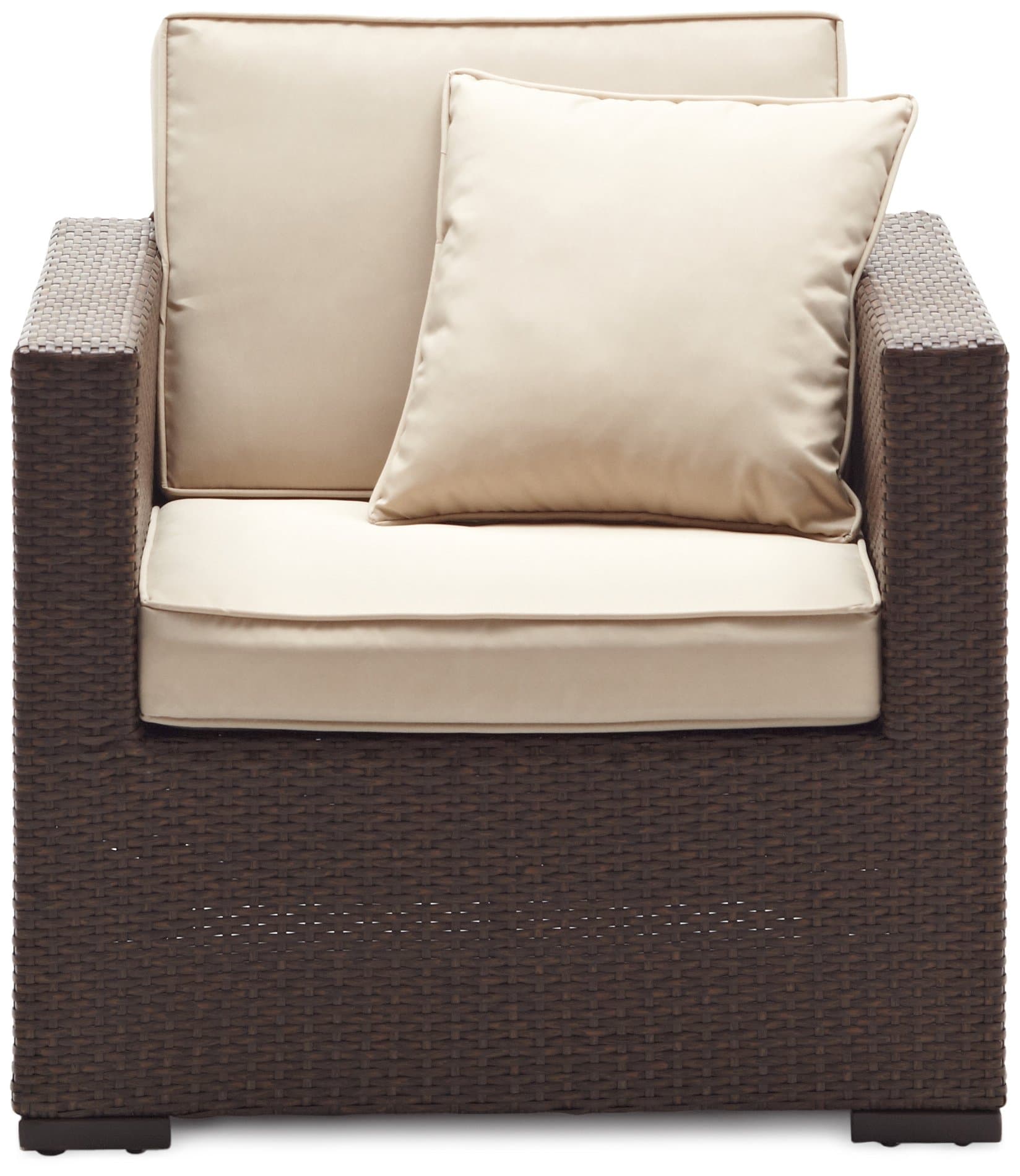 Strathwood Griffen All-Weather Wicker Chair, Dark Brown — straight-on cushioned seat.