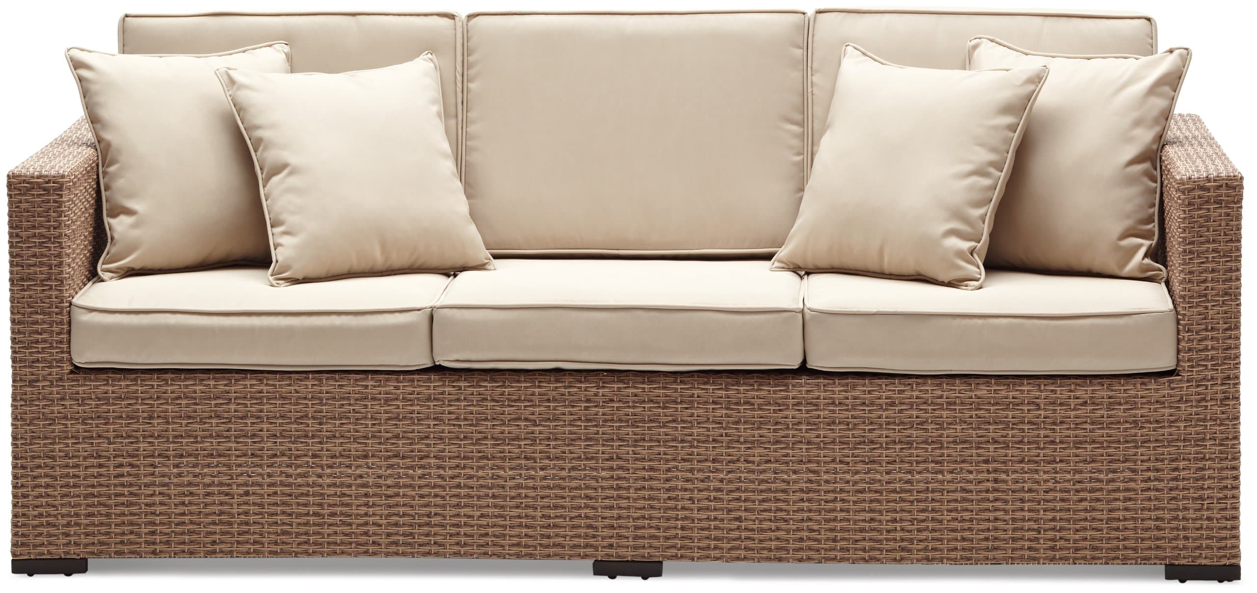 Strathwood Griffen All-Weather Wicker 3-Seater Sofa, Natural — straight-on sofa with cushions.