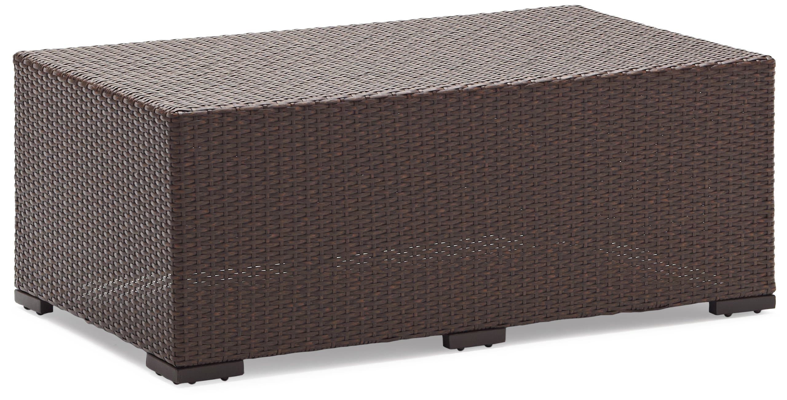 Strathwood Griffen All-Weather Wicker Coffee Table, Dark Brown — angled full wicker coffee table.