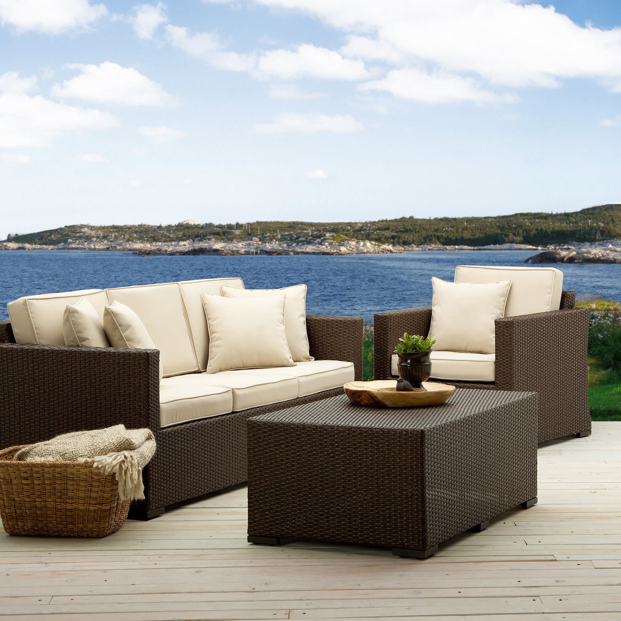 Strathwood Griffen All-Weather Wicker Coffee Table, Dark Brown — coffee table in outdoor lounge arrangement; seating sold separately.