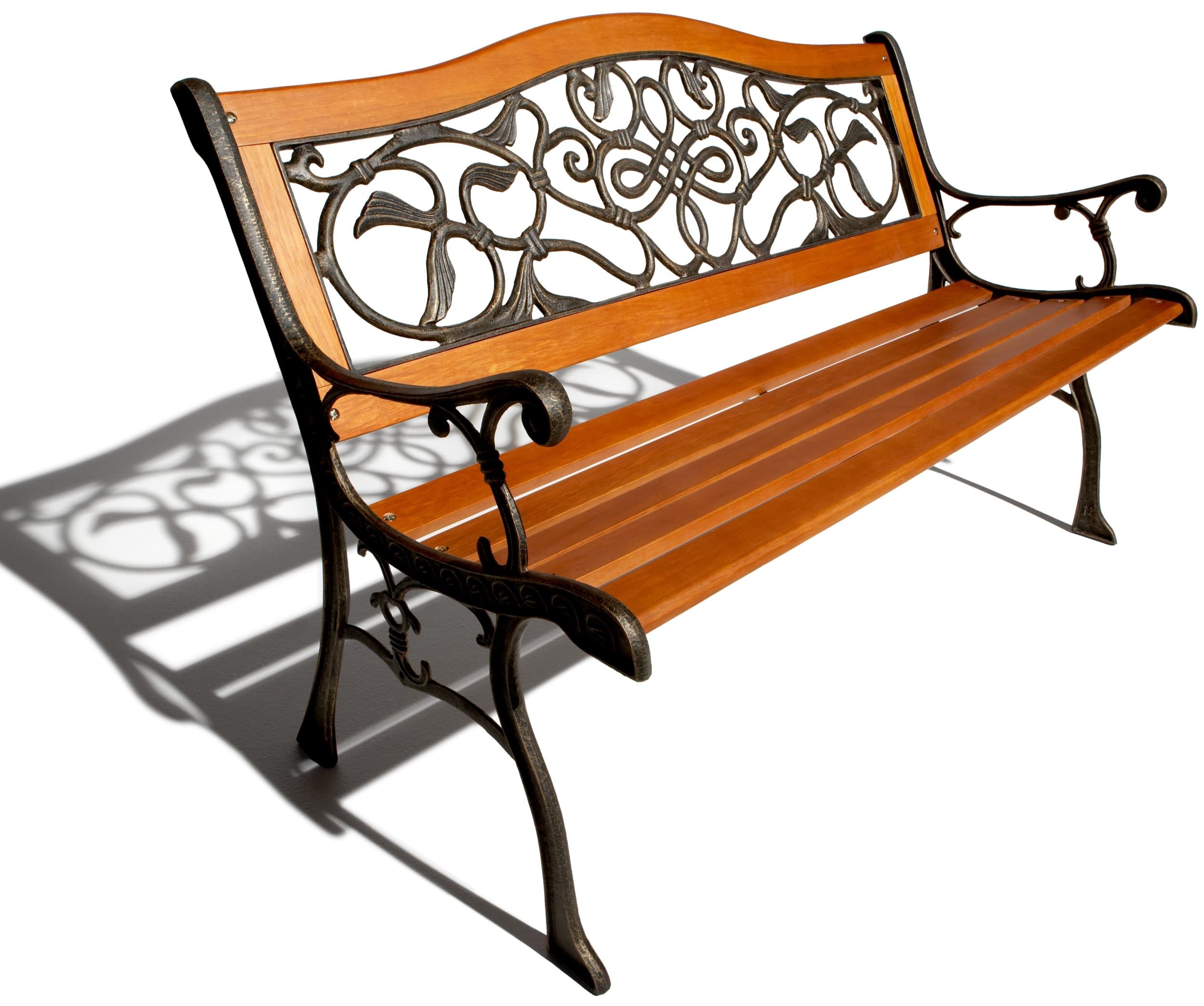 Strathwood Scrolled Cast Iron Garden Bench with Hardwood Slats — angled full garden bench.