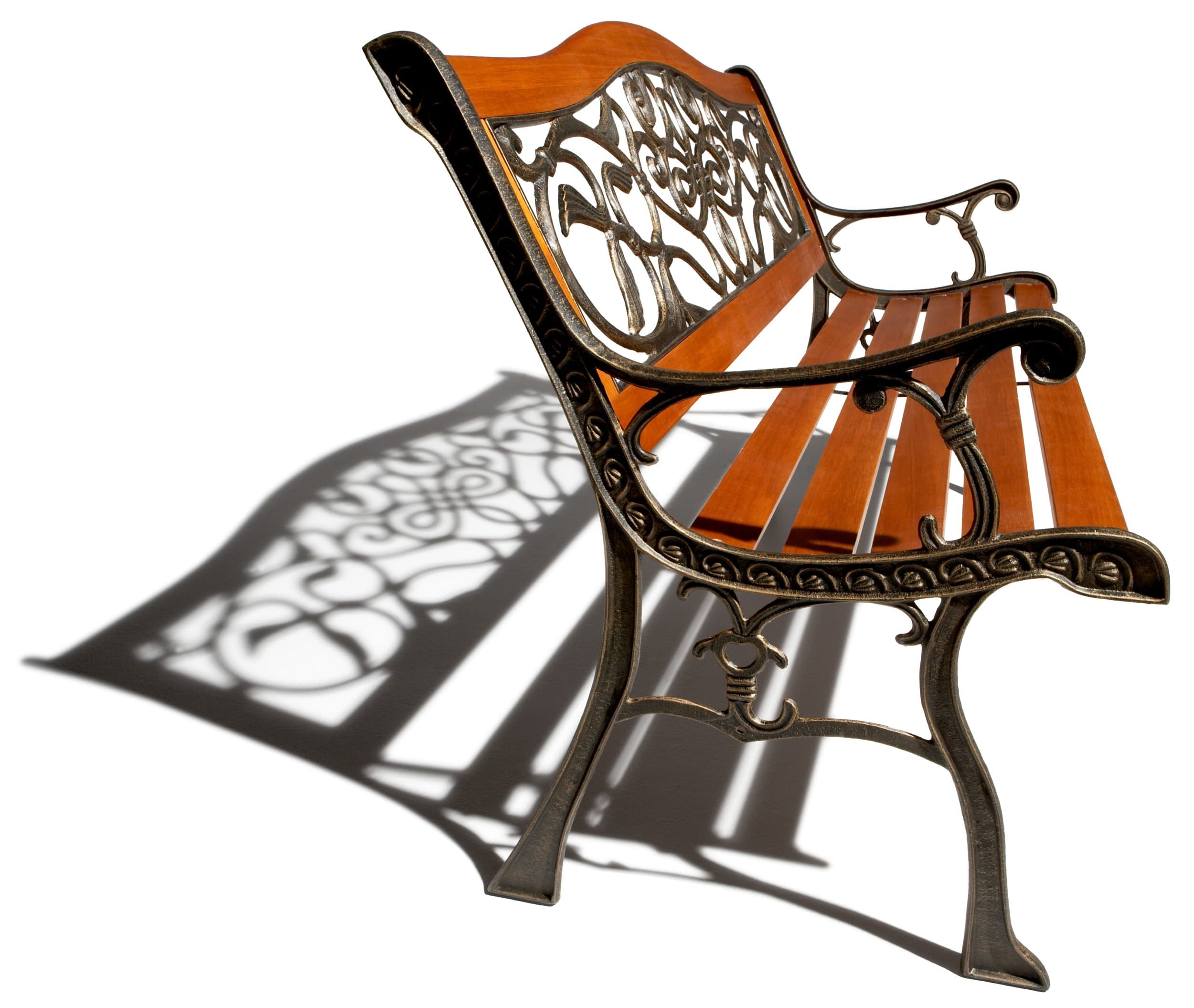 Strathwood Scrolled Cast Iron Garden Bench with Hardwood Slats — bench in profile.