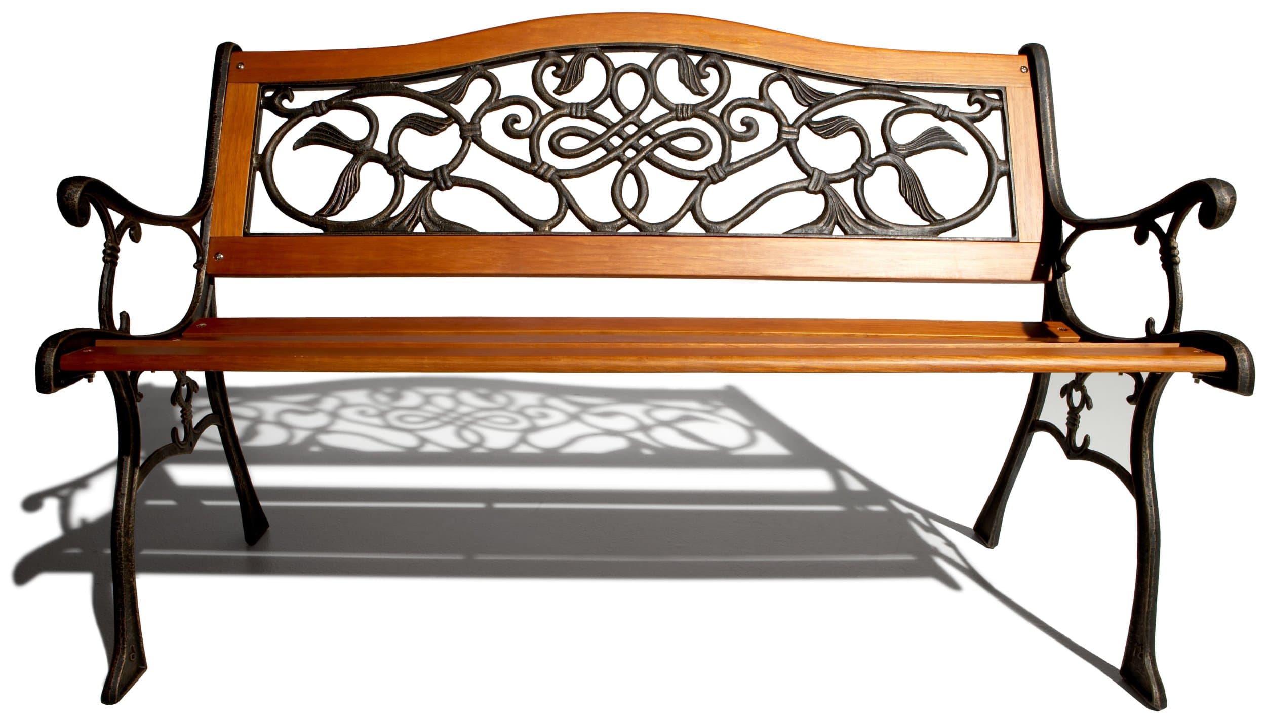 Strathwood Scrolled Cast Iron Garden Bench with Hardwood Slats — straight-on bench front.