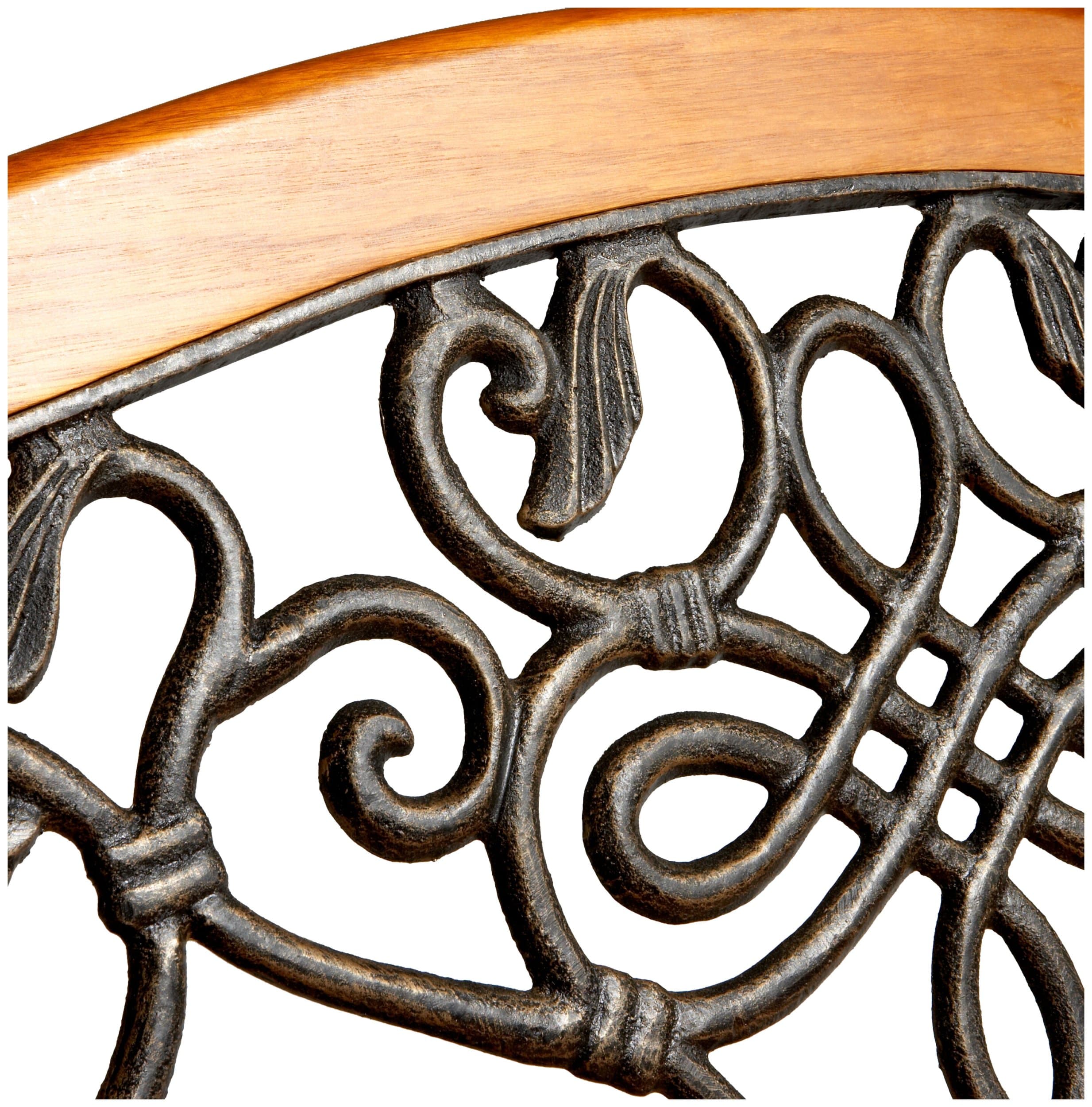 Strathwood Scrolled Cast Iron Garden Bench with Hardwood Slats — close view of scroll-pattern iron back.