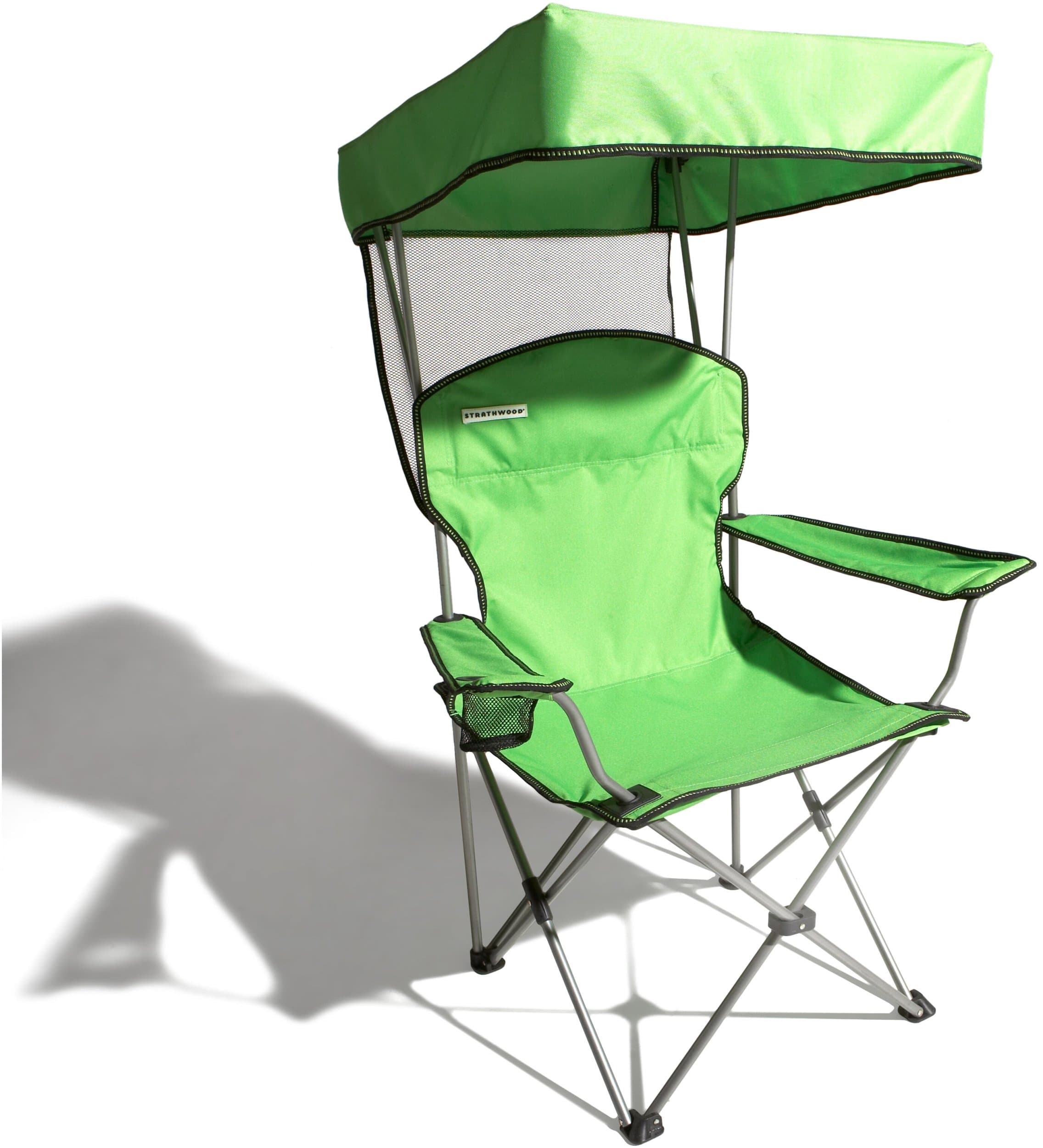 Strathwood Folding Canopy Chair, Green with Silver Frame — chair with canopy deployed.