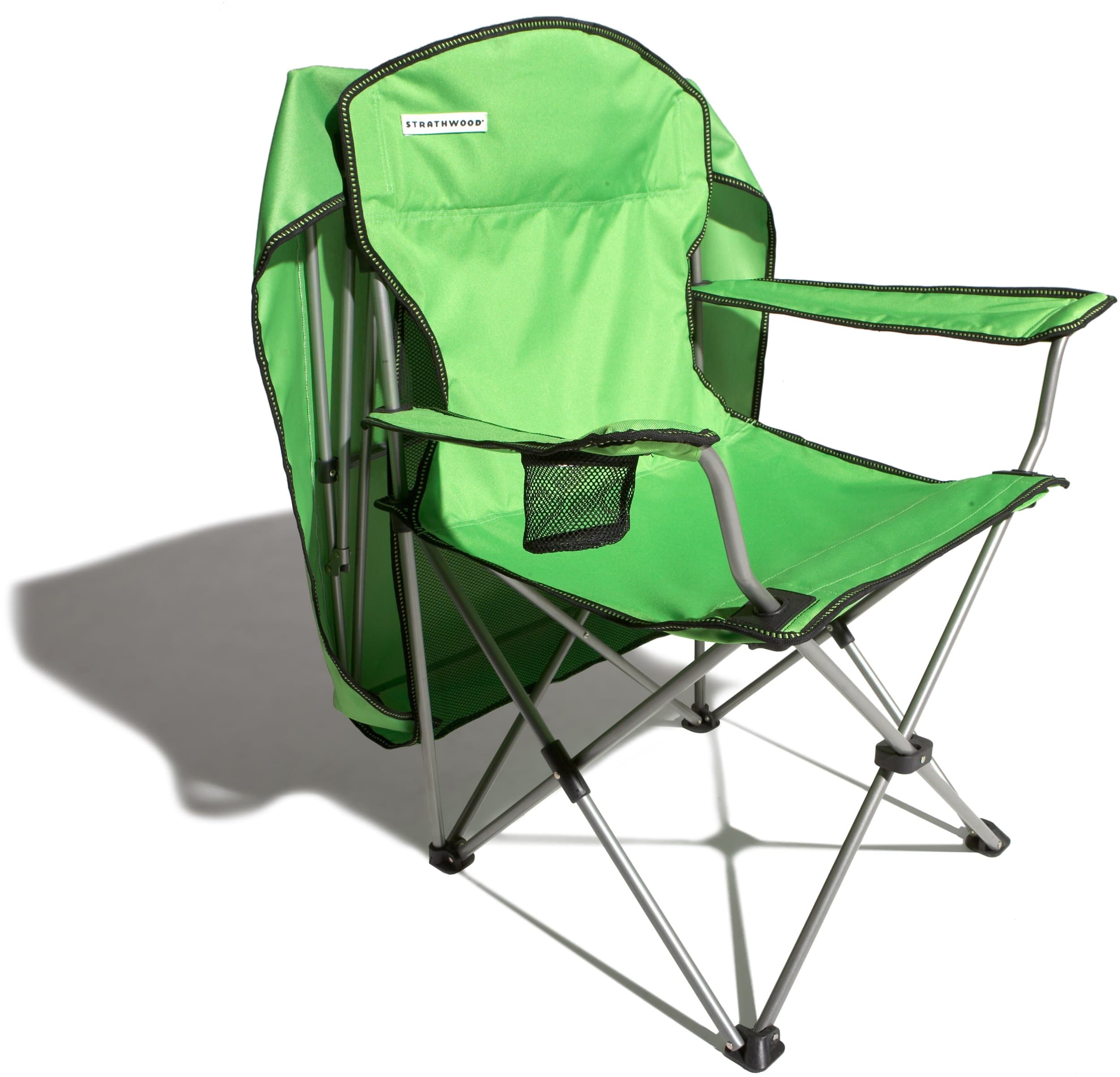 Strathwood Folding Canopy Chair, Green with Silver Frame — chair with canopy folded back.