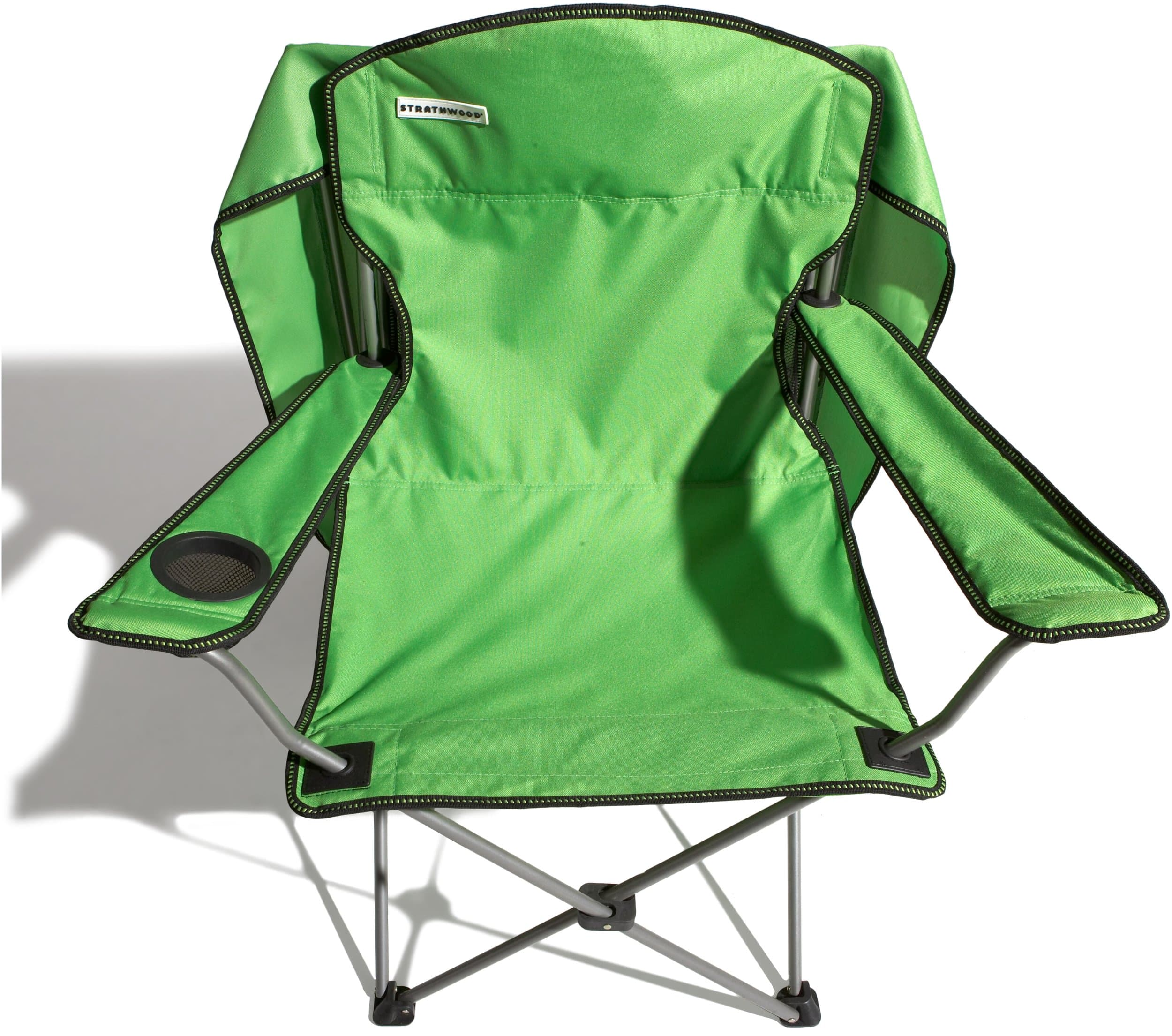 Strathwood Folding Canopy Chair, Green with Silver Frame — overhead chair view with canopy folded back.