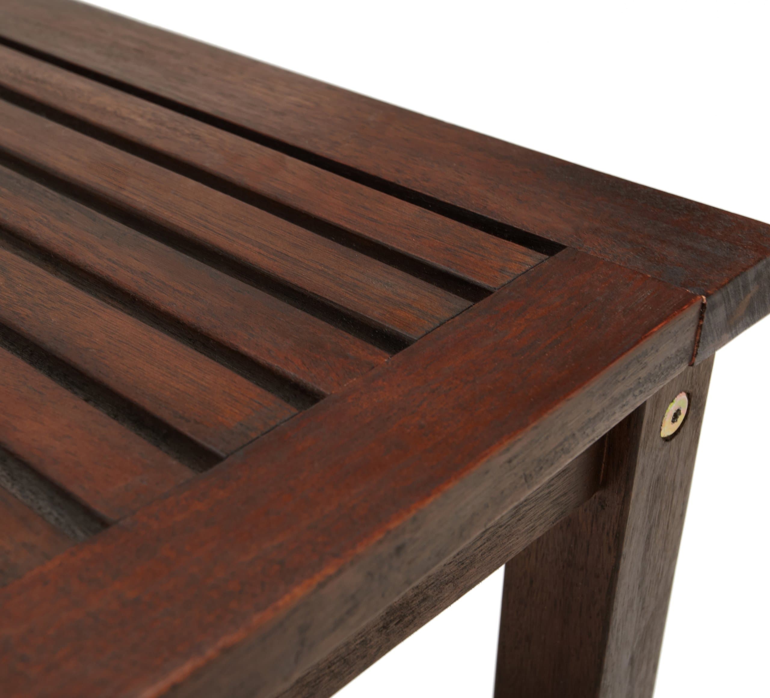 Strathwood Blakely Bench — close view of slatted seat and frame joint.