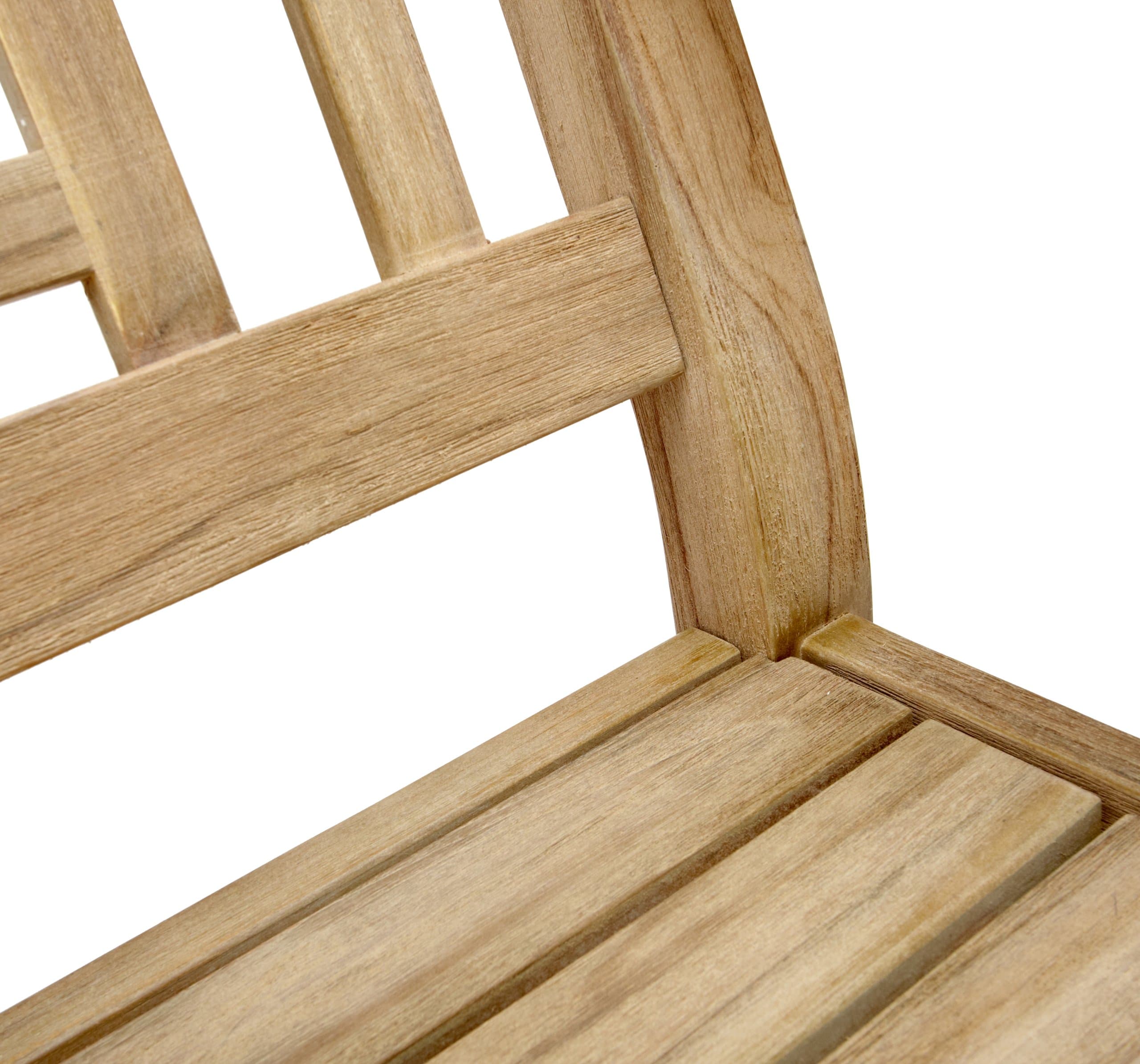 Strathwood Signature Tavolara Teak Deep Seat Chair — close view of slatted seat and frame joints.