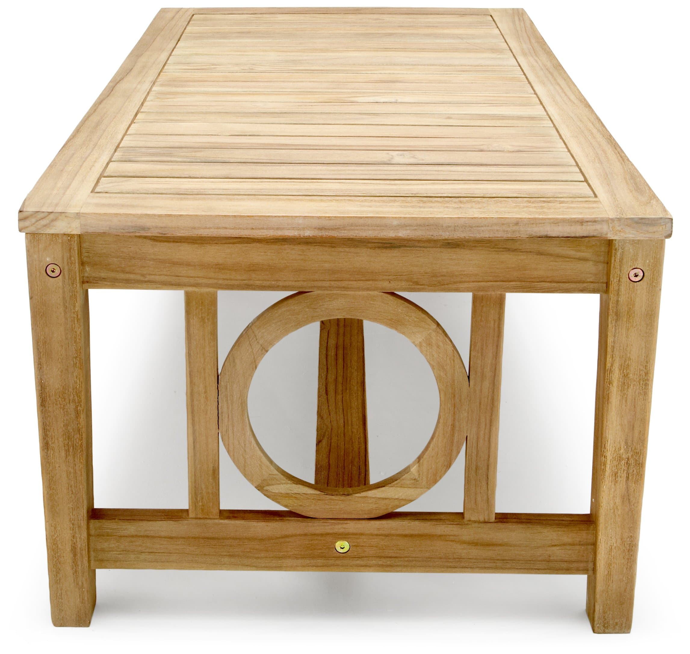 Strathwood Signature Tavolara Teak Coffee Table — table viewed from its narrow end.