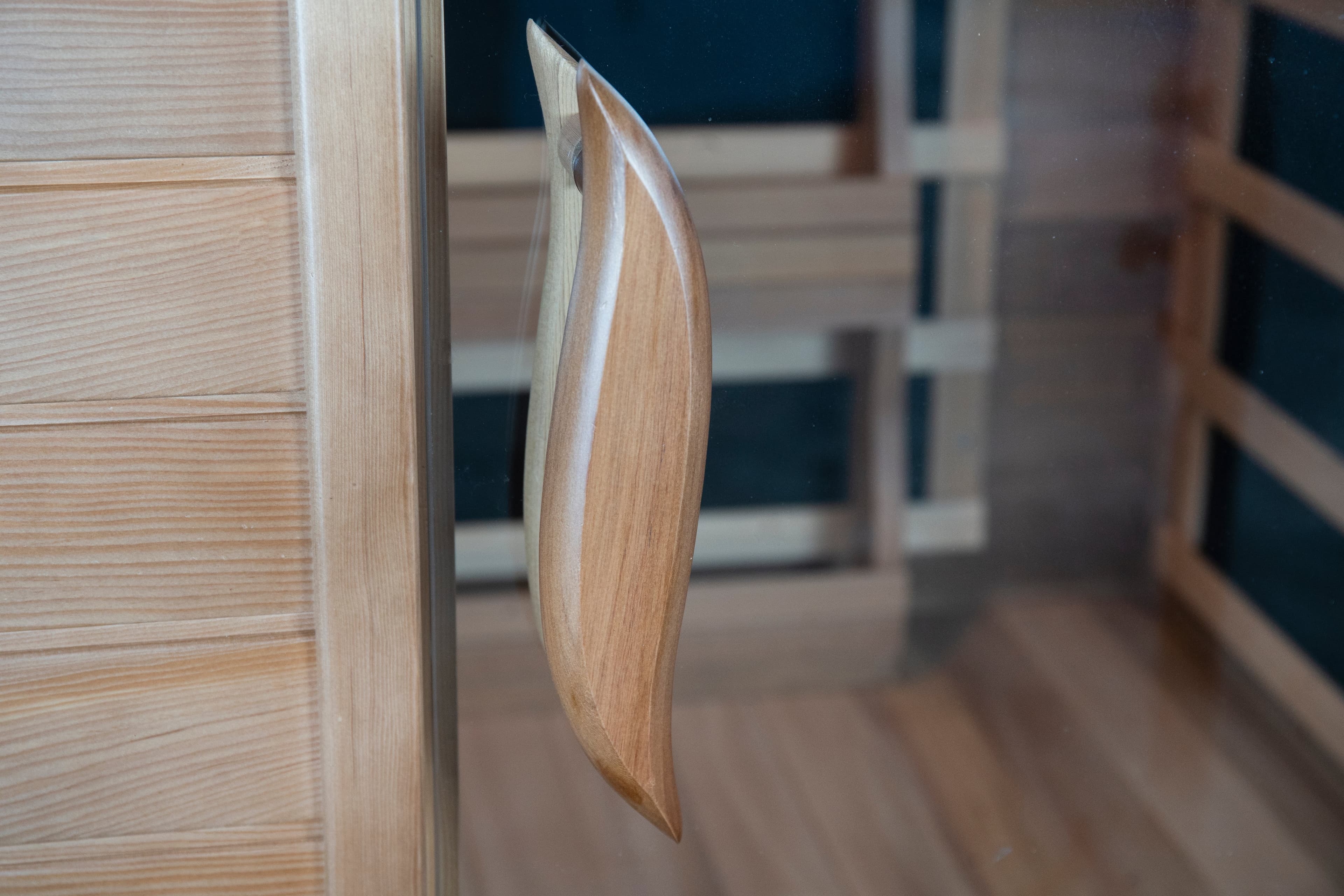 SunRay Sedona 1–2 Person Infrared Cedar Sauna — glass door handle