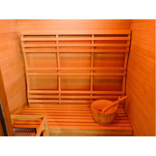 SunRay Bristow 2-Person Outdoor Wet/Dry Traditional Sauna with Harvia Heater — bench, backrest and bucket