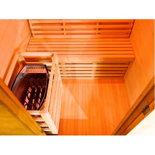 SunRay Bristow 2-Person Outdoor Wet/Dry Traditional Sauna with Harvia Heater — bench, floor and installed heater