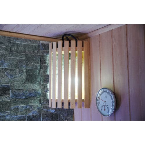 SunRay Rockledge 2-Person Luxury Indoor Traditional Sauna with 4.5kW Harvia Heater — interior light and hygrometer