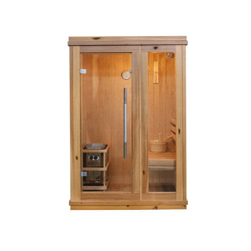 SunRay 1-2 Person Indoor Traditional Cedar Sauna Harvia Heater — exterior front view
