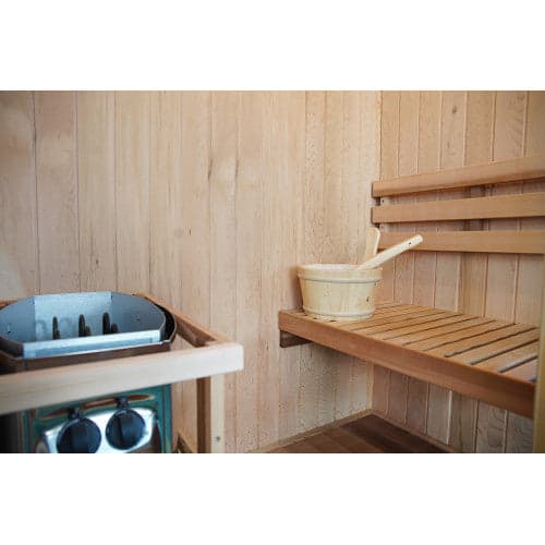 SunRay 1-2 Person Indoor Traditional Cedar Sauna Harvia Heater — bench and heater interior