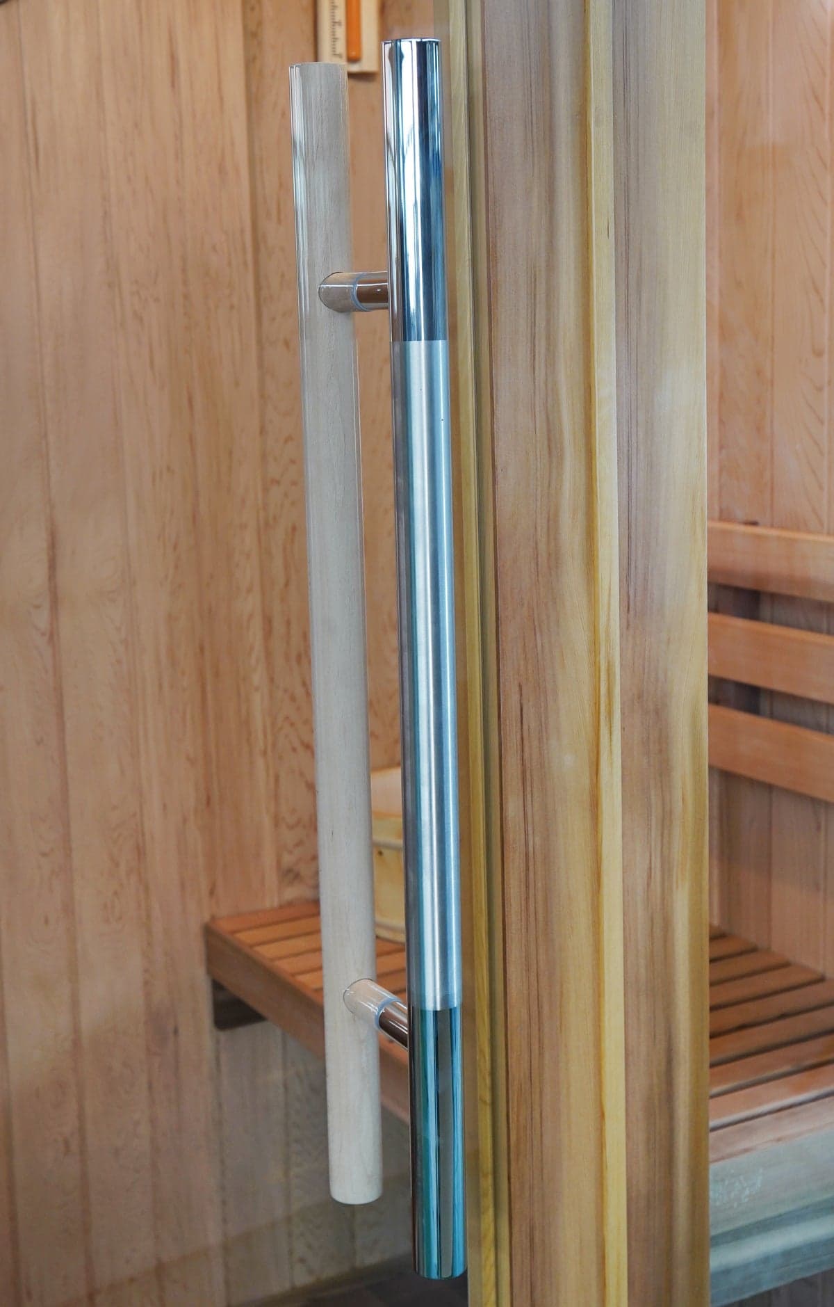 SunRay 1-2 Person Indoor Traditional Cedar Sauna Harvia Heater — glass door handle