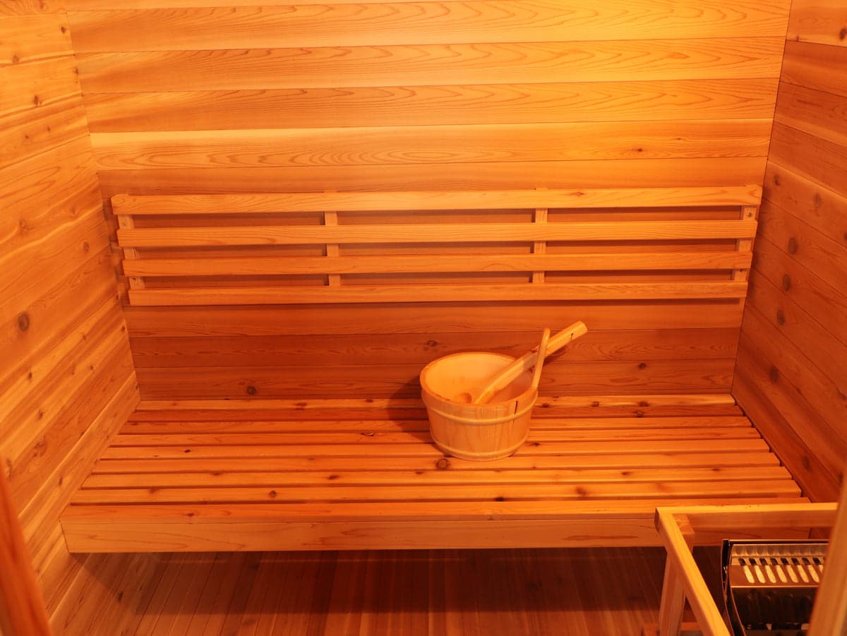 SunRay Seneca 3-Person Wet/Dry Outdoor Sauna With Harvia Heater — bench and backrest interior