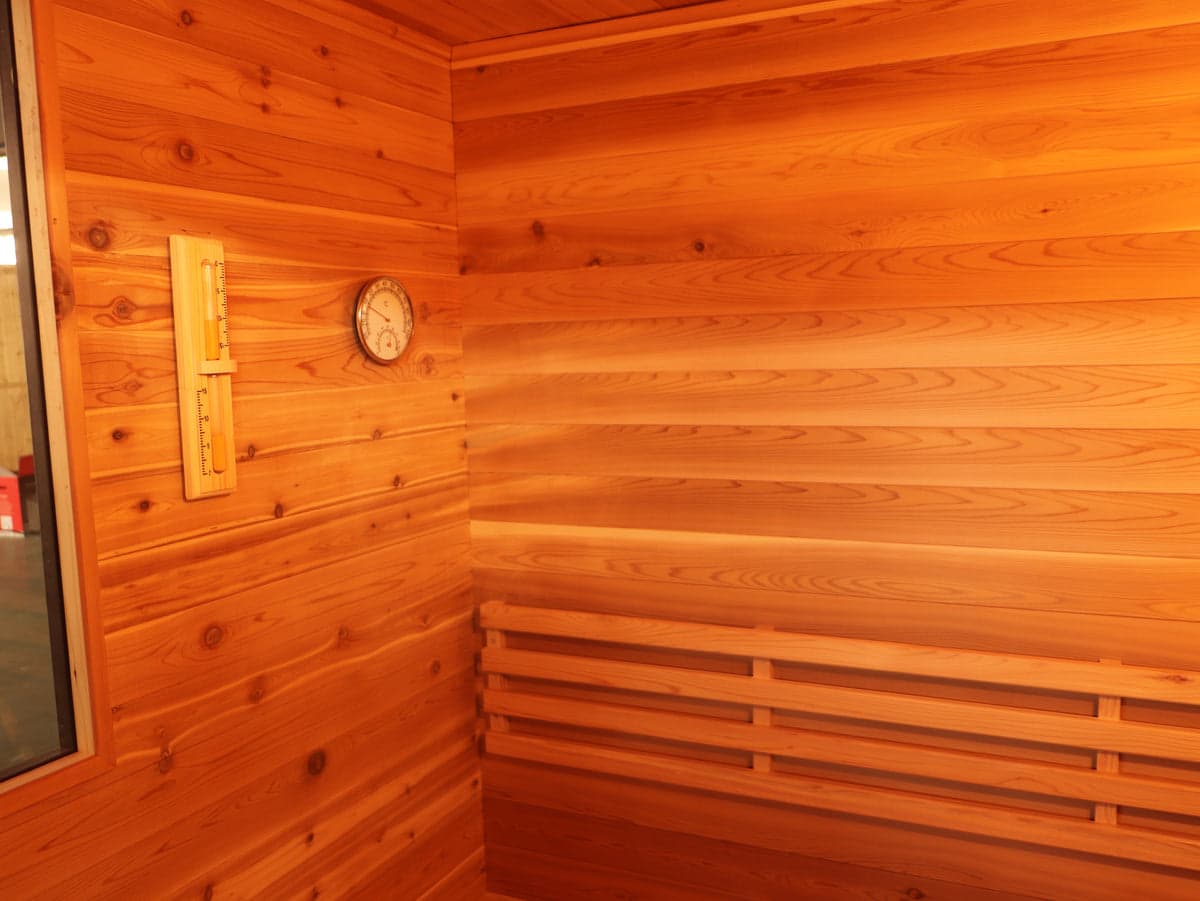 SunRay Seneca 3-Person Wet/Dry Outdoor Sauna With Harvia Heater — installed timer and hygrometer