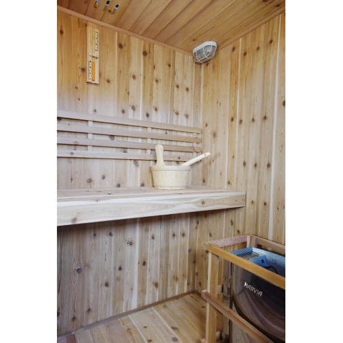 SunRay 3 Person Indoor Traditional Cedar Sauna with Double Bench — double-bench interior