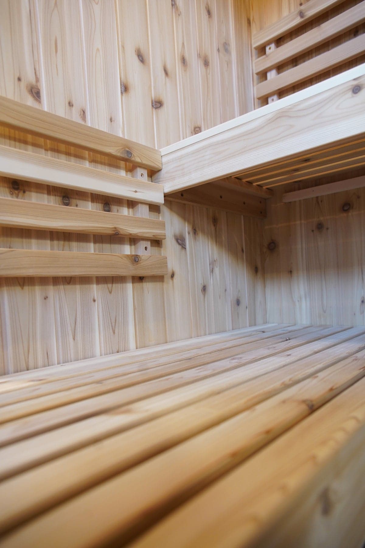 SunRay 3 Person Indoor Traditional Cedar Sauna with Double Bench — lower bench detail