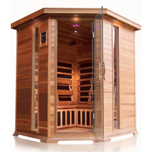 SunRay Bristol Bay 4 Person Corner Infrared Cedar Sauna — exterior three-quarter view