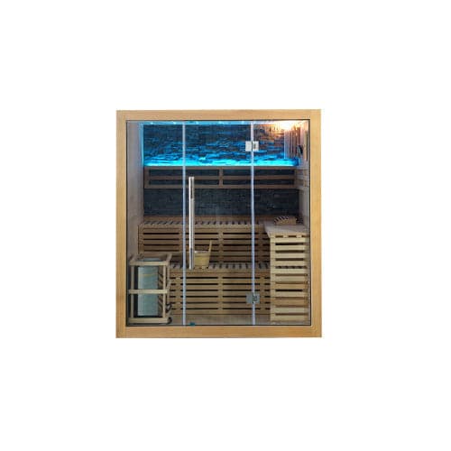 SunRay Galaxie 4-Person Indoor Traditional Sauna with Double Bench and 6kW Harvia Heater — exterior front view