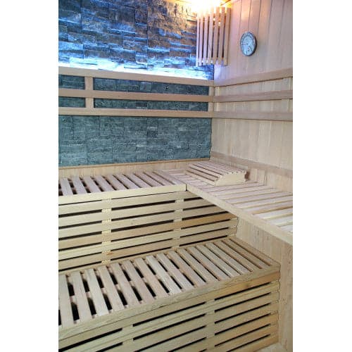 SunRay Galaxie 4-Person Indoor Traditional Sauna with Double Bench and 6kW Harvia Heater — double bench seating