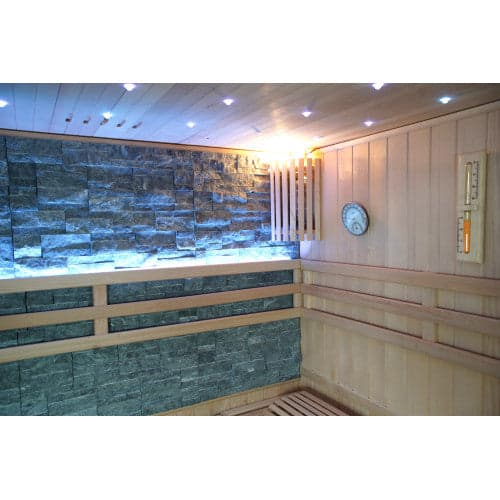 SunRay Galaxie 4-Person Indoor Traditional Sauna with Double Bench and 6kW Harvia Heater — upper interior wall and ceiling
