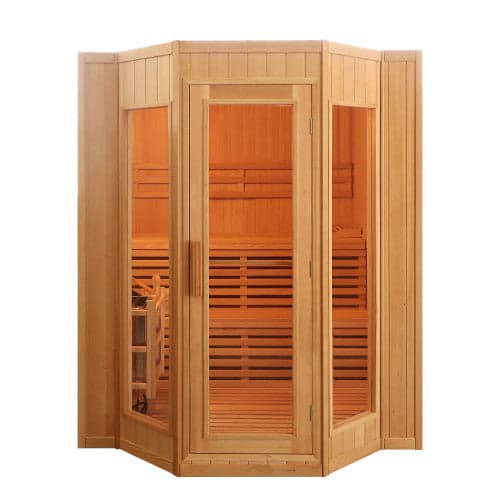 SunRay 4-Person Indoor Traditional Sauna Double Bench with 6kW Harvia Heater — exterior three-quarter view
