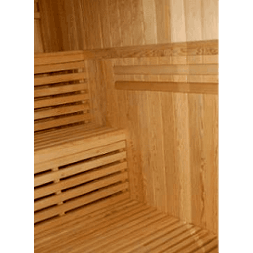 SunRay 4-Person Indoor Traditional Sauna Double Bench with 6kW Harvia Heater — two-level bench and backrest