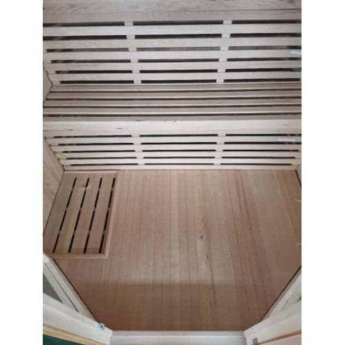 SunRay 4-Person Indoor Traditional Sauna Double Bench with 6kW Harvia Heater — bench and floor