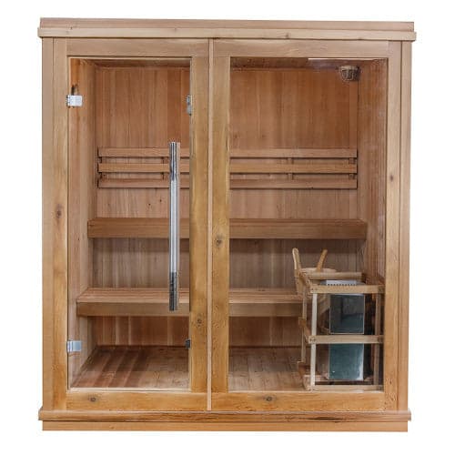 SunRay 4-Person Indoor Traditional Cedar Sauna with Double Bench and 6kW Harvia Heater — exterior front view