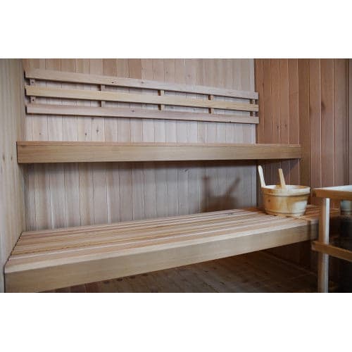 SunRay 4-Person Indoor Traditional Cedar Sauna with Double Bench and 6kW Harvia Heater — double-bench interior