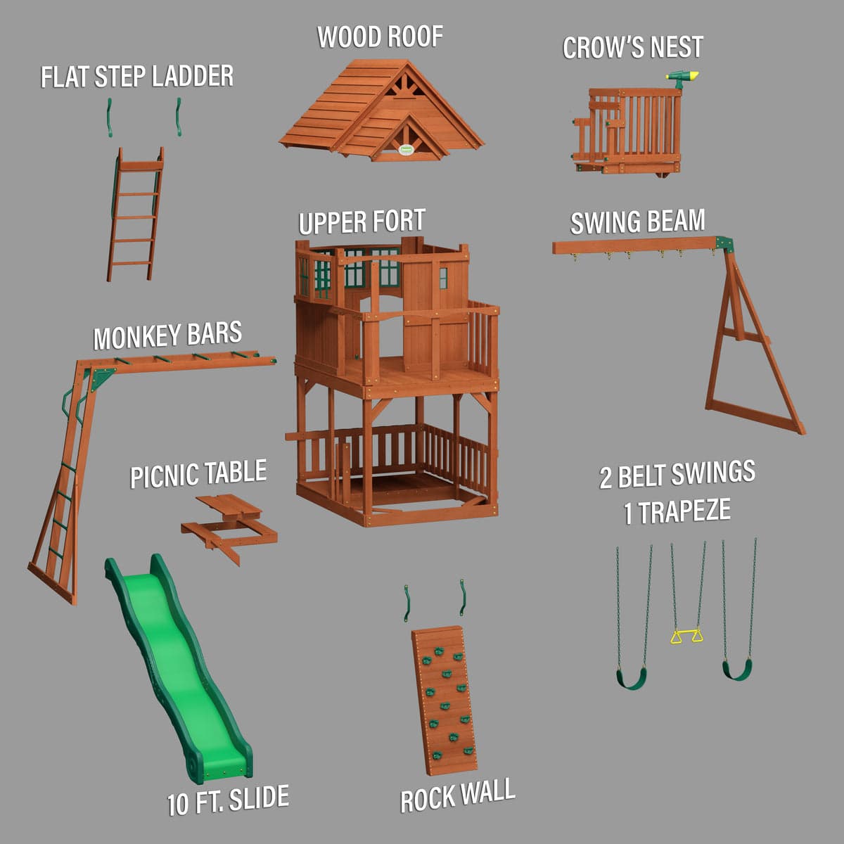 Backyard Discovery Skyfort II Cedar Swing Set — dimensions and assembly layout