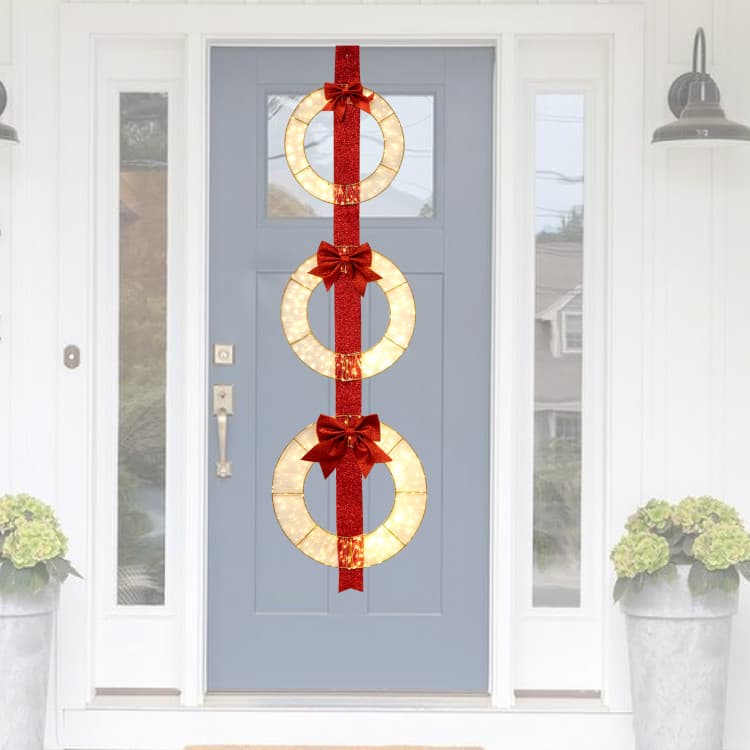 Trio of Lighted Wreaths with Red Bows — product detail 1