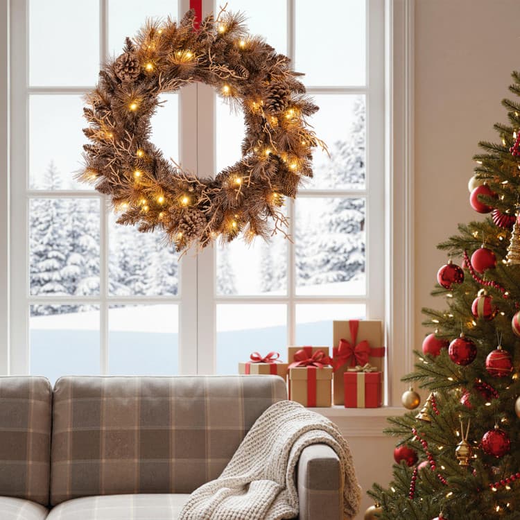 24 in Pine Cone Wreath with 35 LEDs — room or display setting 3