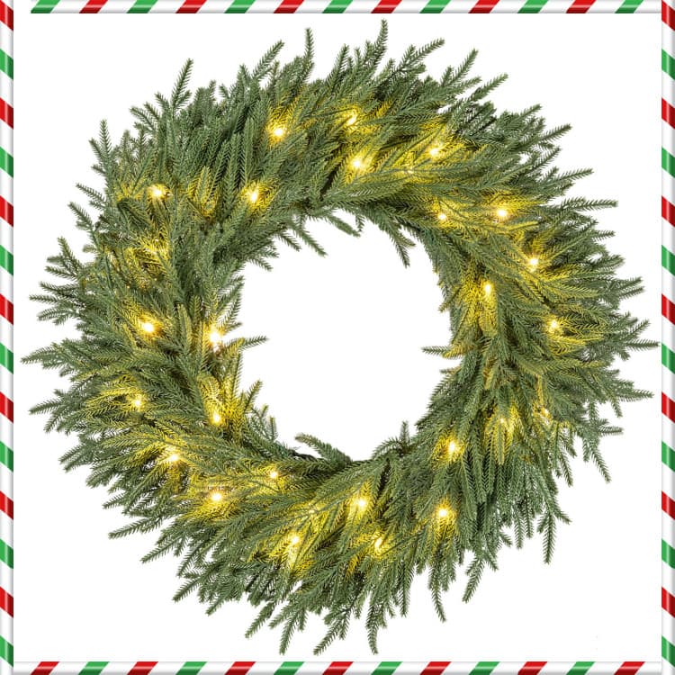 24 in Evergreen Wreath with 35 LEDs — room or display setting 1