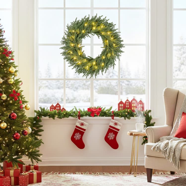 24 in Evergreen Wreath with 35 LEDs — room or display setting 2