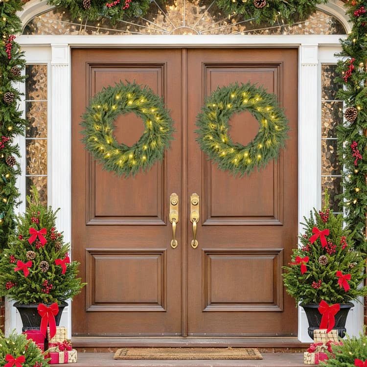 24 in Evergreen Wreath with 35 LEDs — room or display setting 3