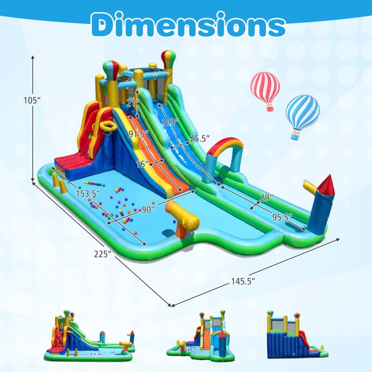 Costway Double-Slide Inflatable Water Park with 750W Blower — dimensions and assembly layout