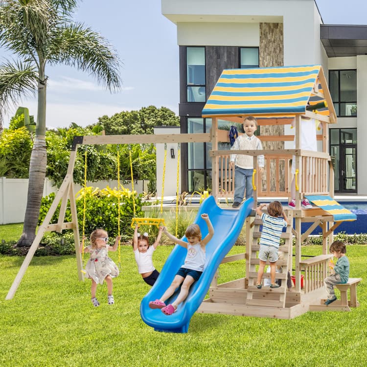 Costway Wooden Adventure Playset with Swings and Slide — product view 1