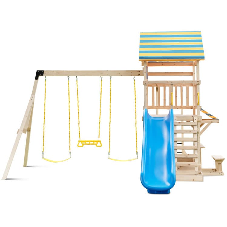 Costway Wooden Adventure Playset with Swings and Slide — product view 2