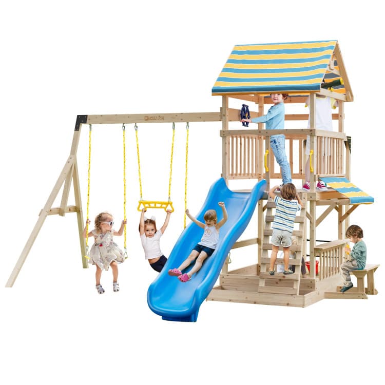 Costway Wooden Adventure Playset with Swings and Slide — product view 3
