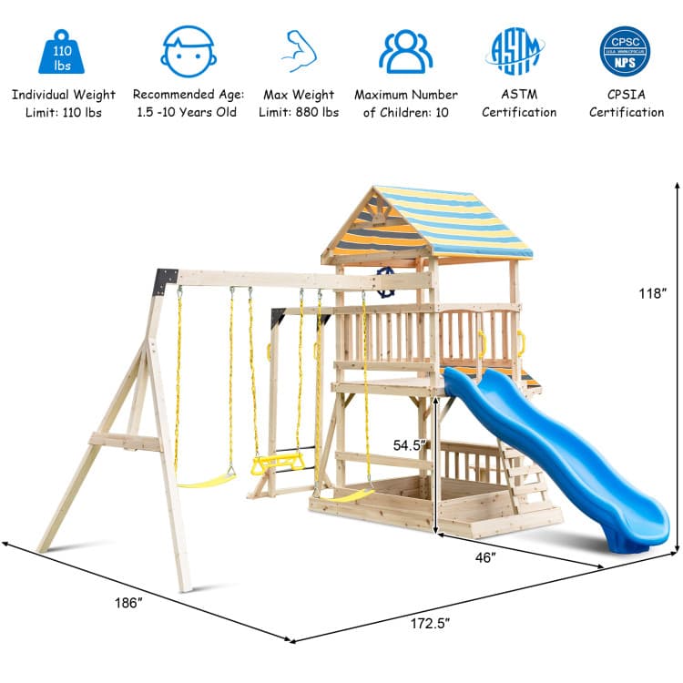 Costway Wooden Adventure Playset with Swings and Slide — product view 4