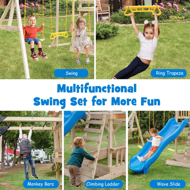 Costway Wooden Adventure Playset with Swings and Slide — product view 6