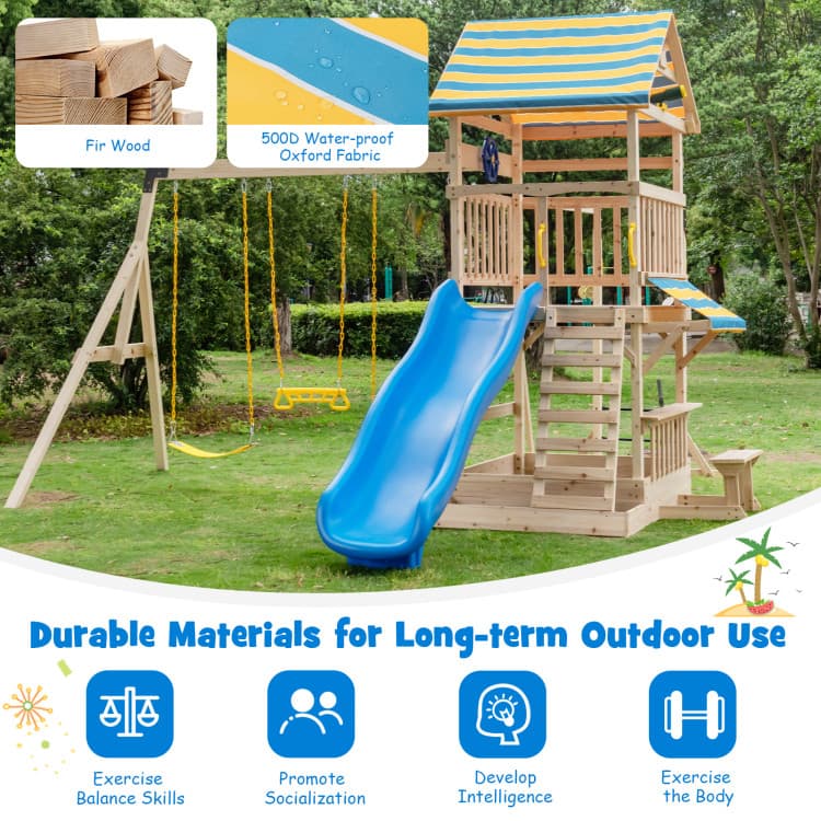 Costway Wooden Adventure Playset with Swings and Slide — product view 8