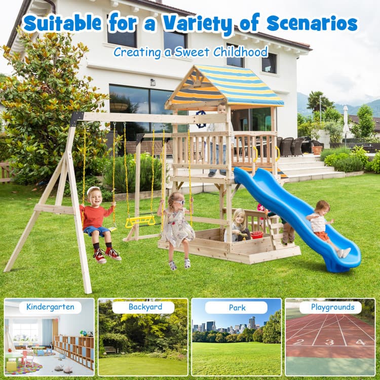 Costway Wooden Adventure Playset with Swings and Slide — product view 9