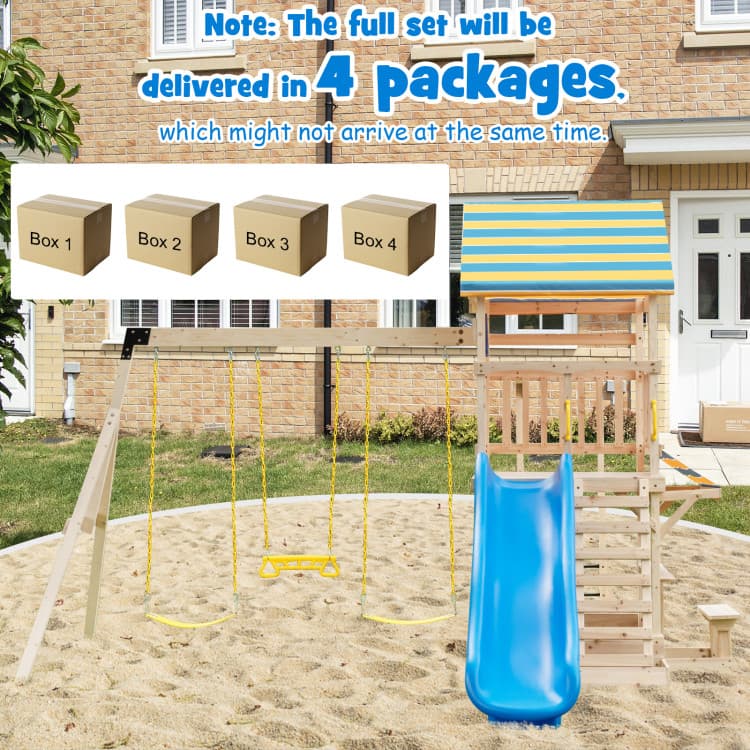 Costway Wooden Adventure Playset with Swings and Slide — product view 10